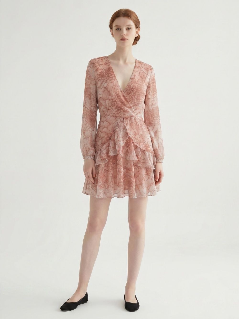 NLW Peachy Pink Marble Floral Print Sheer Ruffles Mini Dress. Soft Girl. Size M
